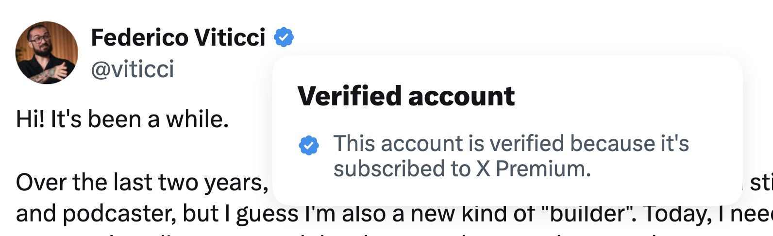 Hovering over Viticci's username on X reveals: "This account is verified because it's subscribed to X Premium."
